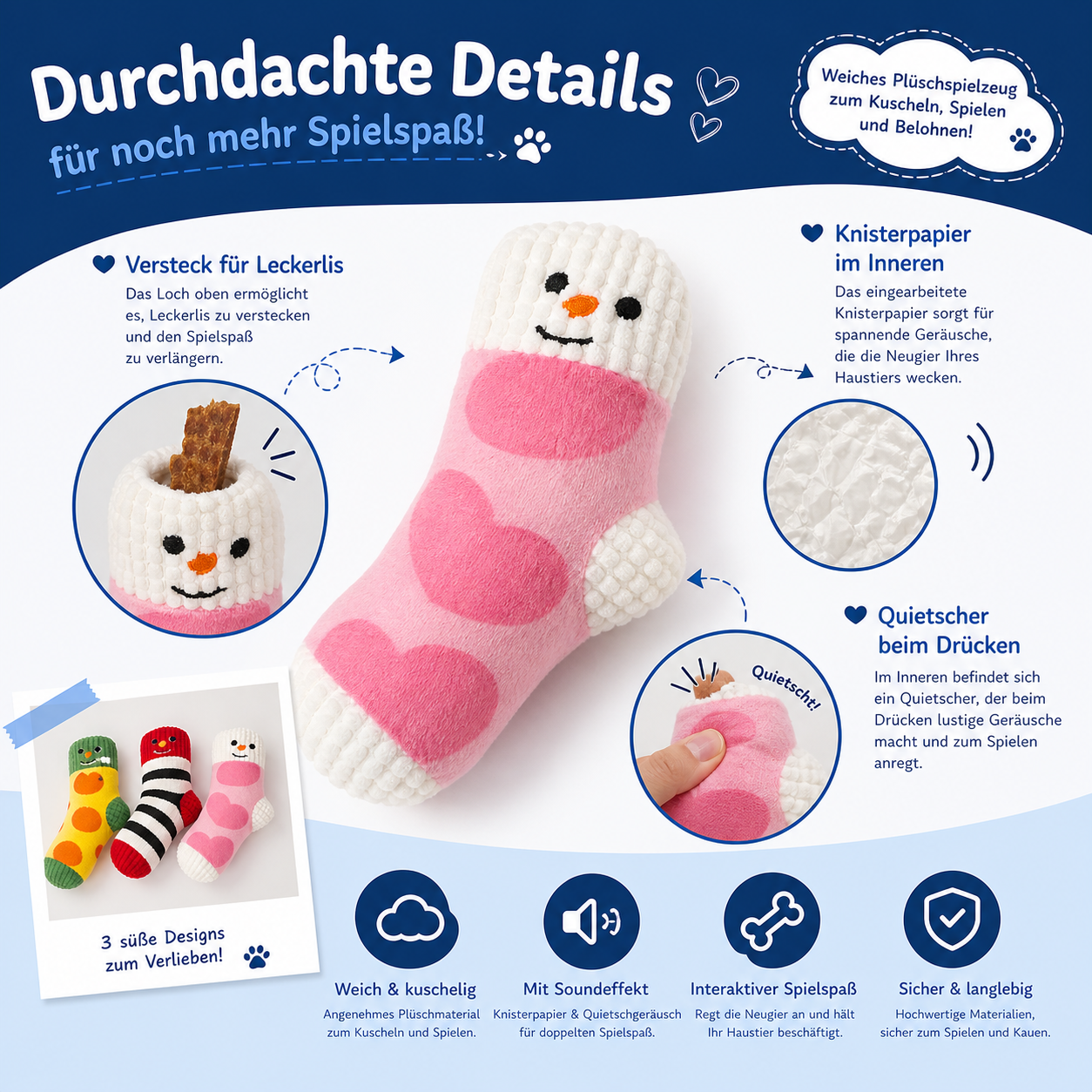 Quietschende Hundespielzeug-Socke zum Verstecken von Leckerlis